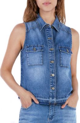 Wash Lab Denim Clara Sleeveless Denim Button-Up Shirt in Post Blue