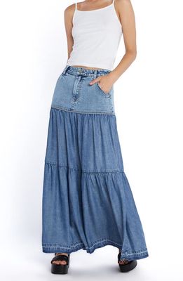 Wash Lab Denim Contrast Tiered Denim Maxi Skirt in Denim Love