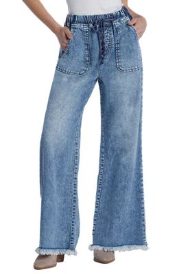 Wash Lab Denim Lola Elastic Waist Frayed Soft Wide Leg Jeans in Blue Ray