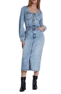 Wash Lab Denim Puff Shoulder Long Sleee Corset Denim Midi Dress in French Blue