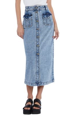 Wash Lab Denim Tab Pocket High Waist Button Front Denim Midi Skirt in Moonstone Blue