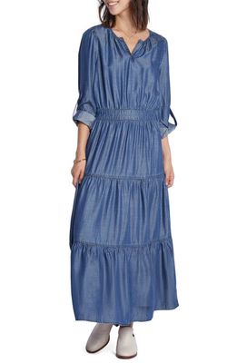 Wash Lab Denim Tiered Long Sleeve Denim Maxi Dress in Deep Blue