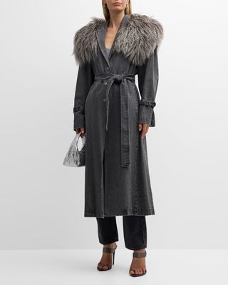 Washed Denim Belted Long Trench Coat With Mongolian Sheep Shearling Trim
