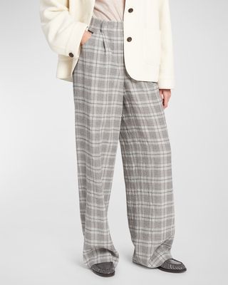 Washed Wool Check Print Relaxed Trousers