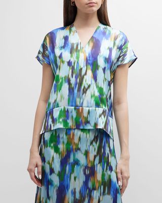 Watercolor-Print Surplice Blouse