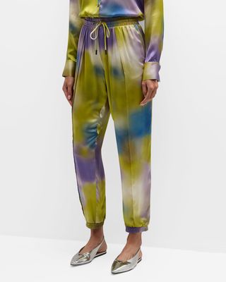 Watercolor Silk Charmeuse Pintuck Jogger Pants