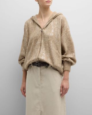 Waterfall Sequined Cashmere Mohair Zip-Up Cardigan