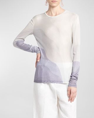 Wave-Print Long-Sleeve Metallic Silk Jersey Knit Top