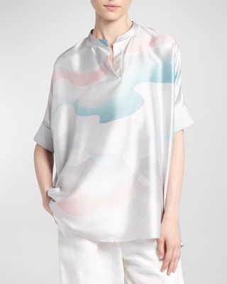 Wave-Print Oversized Silk Blouse