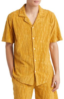 Wax London Didcot Camouflage Jacquard Short Sleeve Terry Cloth Bowling Shirt in Mustard