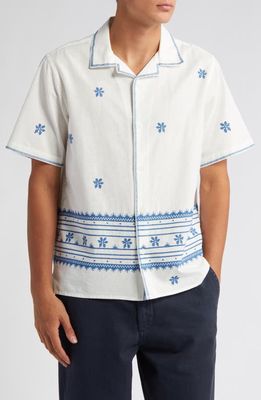 Wax London Didcot Daisy Embroidered Cotton & Linen Button-Up Shirt in Ecru/Blue