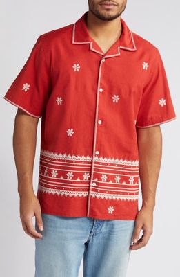 Wax London Didcot Daisy Embroidery Cotton & Linen Camp Shirt in Red/Ecru 