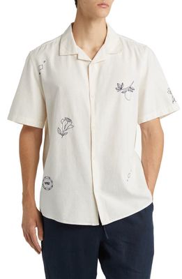 Wax London Didcot Embroidered Cotton & Linen Camp Shirt in Ecru