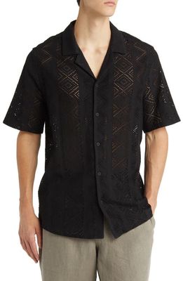 Wax London Didcot Pointelle Knit Short Sleeve Camp Shirt in Black