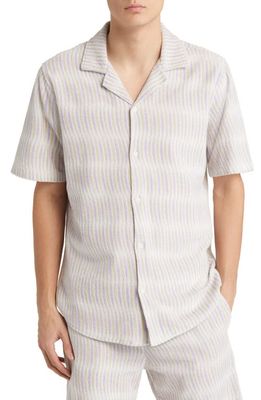 Wax London Didcot Stripe Short Sleeve Organic Cotton Terry Button-Up Shirt in Ecru/Lilac