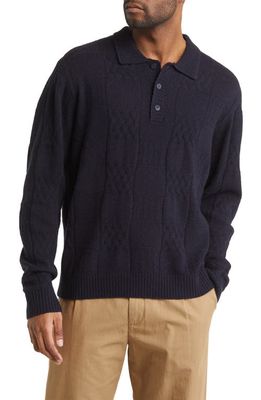 Wax London Jacobs Mix Stitch Long Sleeve Wool Polo in Navy