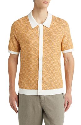 Wax London Tellaro Tile Print Short Sleeve Knit Cotton Button-Up Shirt in Mustard