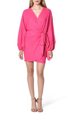 WAYF Amour Long Sleeve Linen Blend Wrap Dress in Hot Pink