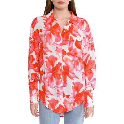 WAYF Brielle Floral Button-Up Shirt in Pink Hibiscus 