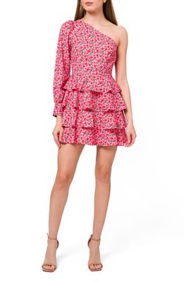 WAYF Floral One-Shoulder Tiered Dress in Red Mini Roses