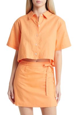 WAYF Kenny Linen Blend Crop Button-Up Blouse in Orange