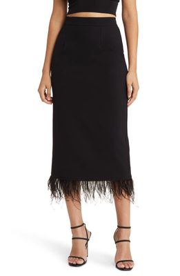 WAYF Kismet Feather Trim Midi Skirt in Black