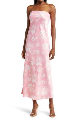 WAYF Madelyn Floral Strapless Satin Cocktail Dress in Pink Toile