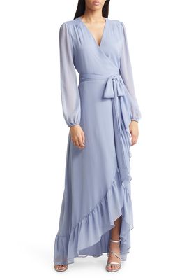 WAYF Meryl Long Sleeve Wrap High/Low Gown in Dusty Blue