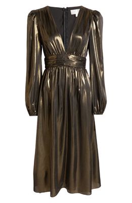 WAYF Plunge Neck Long Sleeve Metallic Lamé Dress in Antique Brass