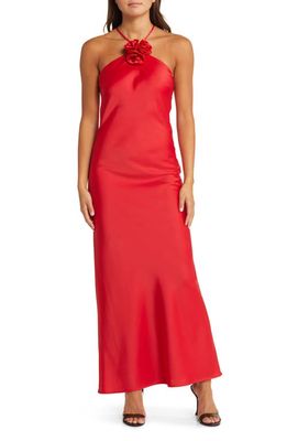 WAYF The Adele Rosette Satin Gown in Red