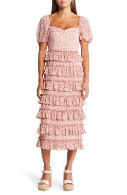 WAYF The Franki Floral Tiered Ruffle Cocktail Midi Dress in Rose Ditsy