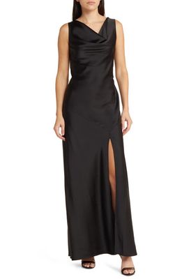 WAYF The Lea Cowl Neck Satin Gown in Black