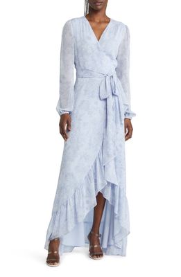 WAYF The Meryl Floral Long Sleeve Wrap Gown in Dusty Blue Bouquet