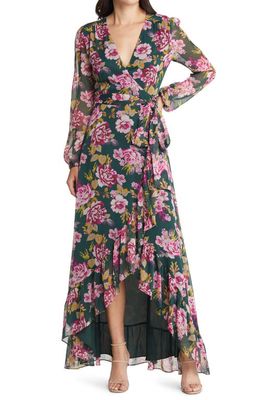 WAYF The Meryl Floral Long Sleeve Wrap Gown in Pine Roses
