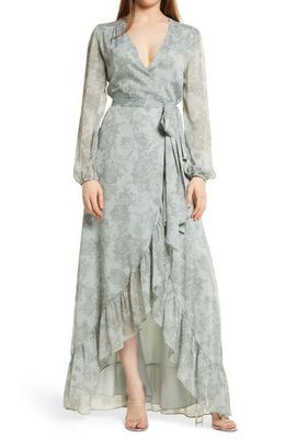 WAYF The Meryl Floral Long Sleeve Wrap Gown in Sage Shadow Bouquet Print