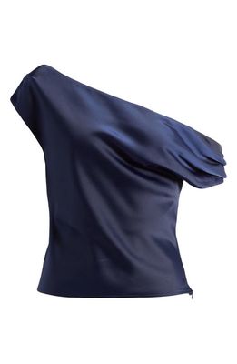 WAYF Twist One-Shoulder Satin Blouse in Navy