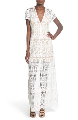 WAYF V-Neck Lace Maxi Dress in White/Nude