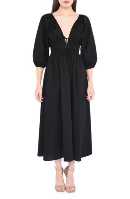 WAYF Veronica Ruched Puff Elbow Sleeve Midi Dress in Black