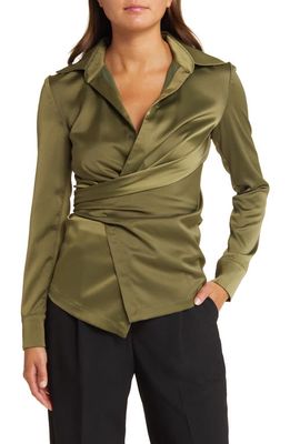 WAYF Wrap Satin Blouse in Olive