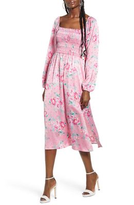 WAYF x Influencing in Color Long Sleeve Smocked Midi Dress in Pink Floral