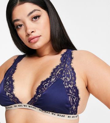 We Are We Wear Curve lace trim satin triangle bralette with logo underband in navy