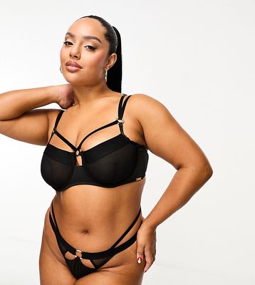 We Are We Wear Curve mesh and velvet mix strappy thong in black