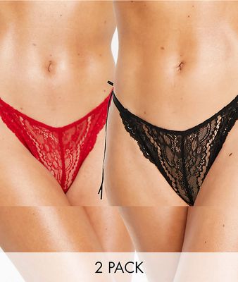 We Are We Wear lace tie side thong 2 pack in black and red - MULTI