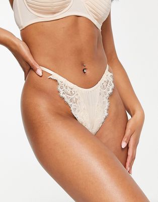 We Are We Wear nylon blend and lace high leg gathered thong in oyster-White