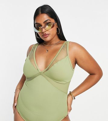 We Are We Wear Plus deep plunge swimsuit with mesh insert in khaki-Green