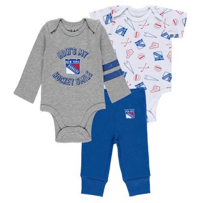 WEAR by Erin Andrews Newborn & Infant Gray/White/Blue New York Rangers Three-Piece Turn Me Around Bodysuit & Pants Set