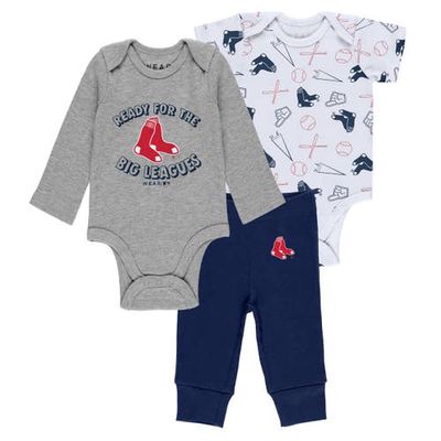 WEAR by Erin Andrews Newborn & Infant Gray/White/Navy Boston Red Sox Three-Piece Turn Me Around Bodysuits & Pants Set