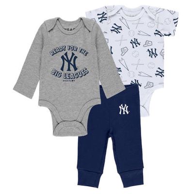WEAR by Erin Andrews Newborn & Infant Gray/White/Navy New York Yankees Three-Piece Turn Me Around Bodysuits & Pants Set