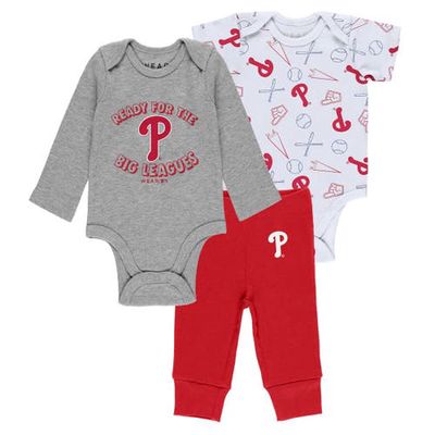 WEAR by Erin Andrews Newborn & Infant Gray/White/Red Philadelphia Phillies Three-Piece Turn Me Around Bodysuits & Pants Set