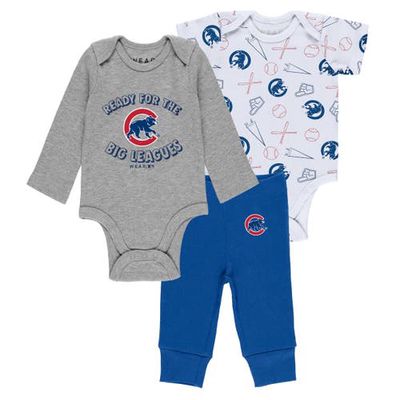 WEAR by Erin Andrews Newborn & Infant Gray/White/Royal Chicago Cubs Three-Piece Turn Me Around Bodysuits & Pants Set